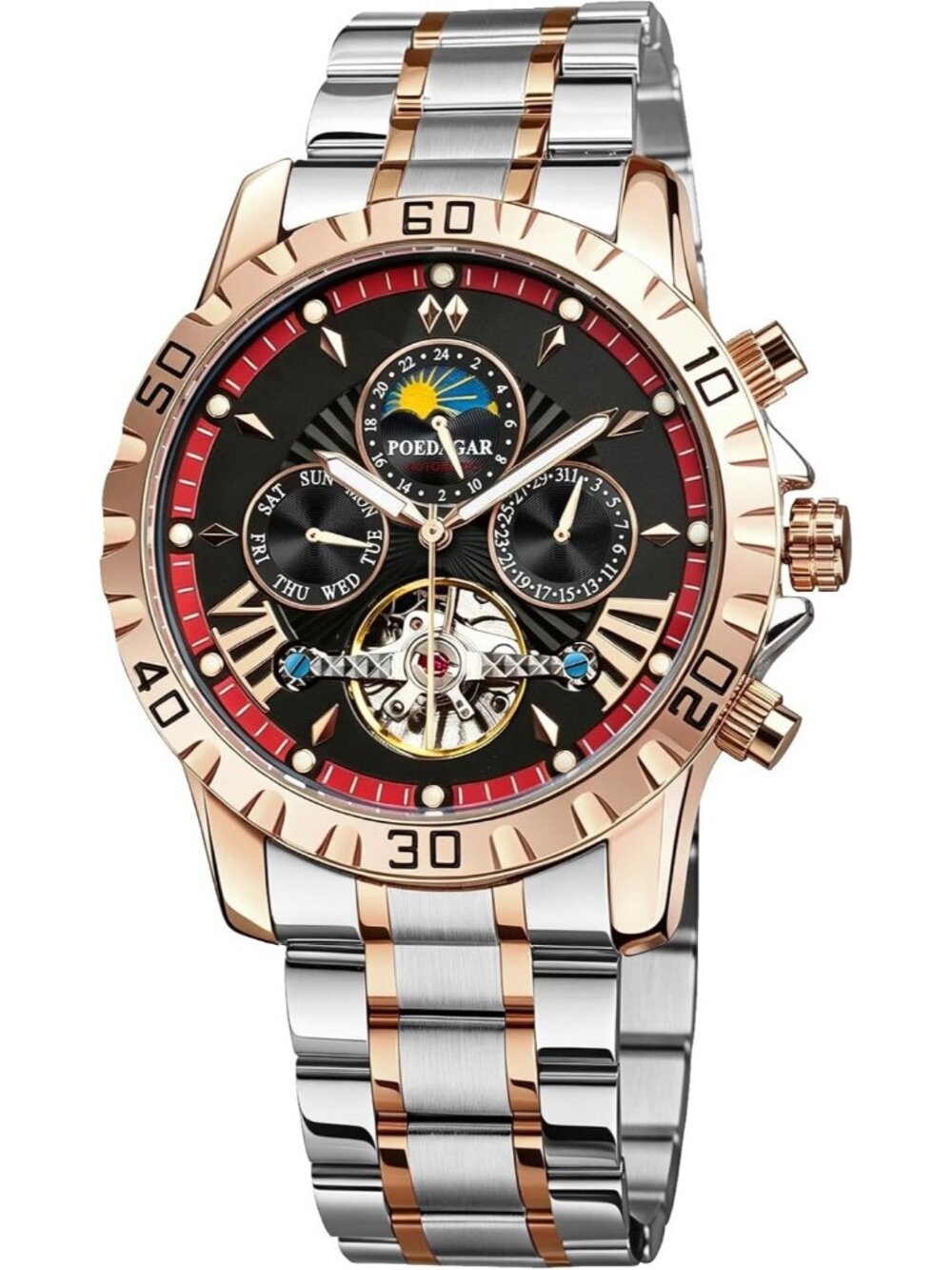 Men's Rose Gold Automatic Mechanical Tourbillon Moon Phase Self Winding Watch